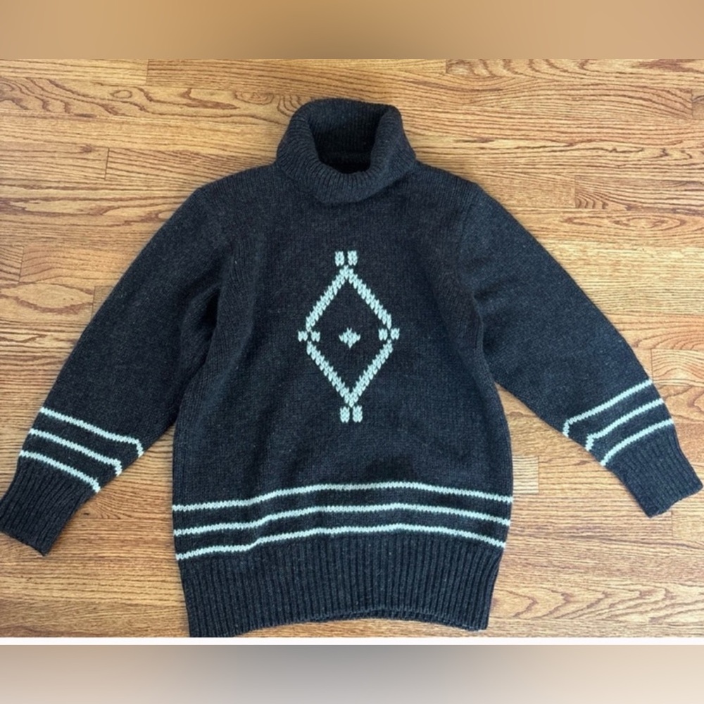 Handmade Knit Wool Turtleneck Sweater  Geometric Design LG Brown EXC COND